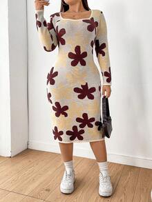 Flirla Women's Plus Size Flower Pattern Sweater Dress - Apricot - View 6