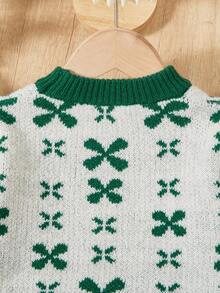 SHEIN 小女孩蝴蝶結提花荷葉邊毛衣和褲子套裝 - 軍綠色 - 查看 8