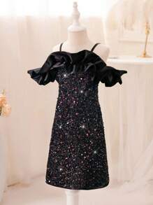 SHEIN Tween Girl Off-The-Shoulder Shiny Black Dress - Red and Black - View 6