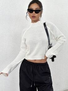 SHEIN Unity Women's Solid Color Raglan Sleeve Stand Collar Cropped Knit Pullover Fall Winter Sweater - Apricot - View 5