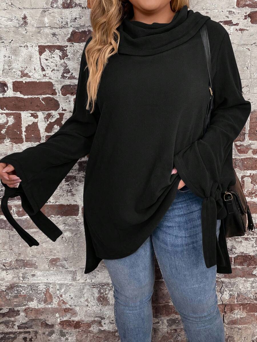 SHEIN LUNE Kích thước lớn Chất rắn cổ áo xếp nếp Coa dây Tay áo chuông Áo thun - màu đen - Xem 1