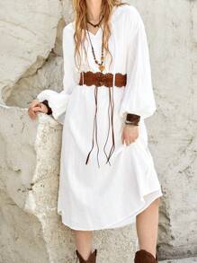 Bohemela 女士純色燈籠袖落肩裙 - 白色 - 查看 1