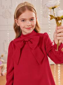 SHEIN Tween Girl Stand Collar Dress With Decorative Back Pleats And Buttons, Long Sleeve