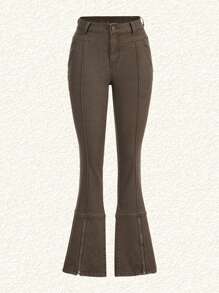 SHEIN EZwear 常规高腰卡其色牛仔喇叭牛仔裤，采用拼布设计 - 咖啡棕 - 查看 1