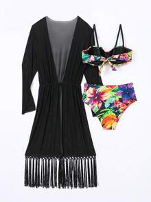 Swim Vcay 热带印花扭纹比基尼套装和罩衫狂欢夏日海滩 - 彩色 - 查看 5