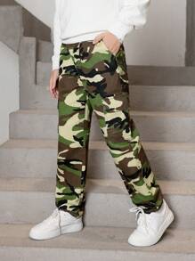 Tween Boy Camo Print Flap Pocket Side Cargo Jeans - Army Green - View 8