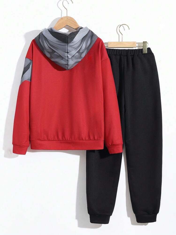 Conjunto De Dos Piezas Para Niños Con Sudadera Impresa De Dibujos Animados Y Pantalones De Bloques De Color