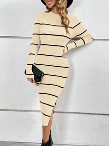 SHEIN Essnce Sọc Cái nĩa cao Váy len bó sát - Màu be - Xem 1