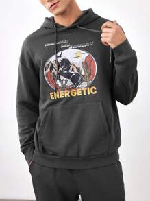 Manfinity VCAY Conjunto De Sudadera Con Capucha Con Cordón Y Pantalones Deportivos Para Hombres, Sueltos Y Con Impresión De Letras - Gris - Ver 4