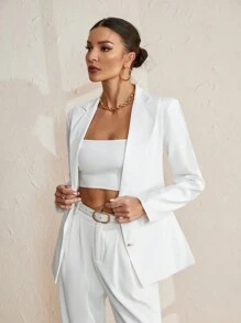 SHEIN BIZwear Màu thuần Vòng cổ Nút đơn Áo vest áo - trắng - Xem 5