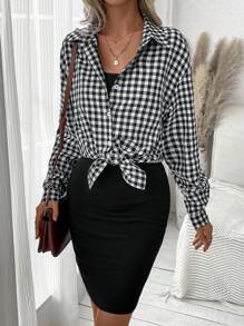 Chiquease Drop Shoulder Gingham Shirt And Tank Top Dress Set Fall Cloth For Women - Multicolor - View 1