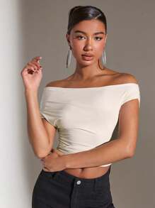 SHEIN BAE Solid Color Off-shoulder Pleated Top - Apricot - View 4