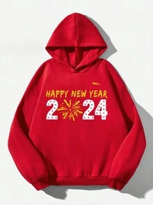 SHEIN LUNE Loose Women's Hoodie With Letter Print - Red - View 5