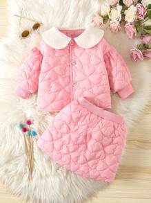 女嬰心形絎縫夾克和裙子套裝,冬季 - 粉色 - 查看 1