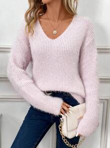 SHEIN Clasi Suéter Peludo De Manga Larga Con Cuello En V - Rosa Pálido - Ver 6
