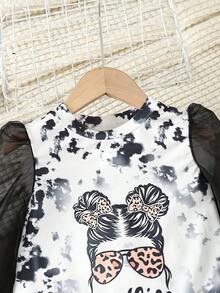 SHEIN 少女扎染太阳镜豹纹撞色网眼长袖连衣裙，春夏 - 黑與白 - 查看 4