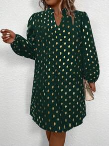 SHEIN LUNE 大尺碼女士金箔印花波點連衣裙 - 軍綠色 - 查看 6