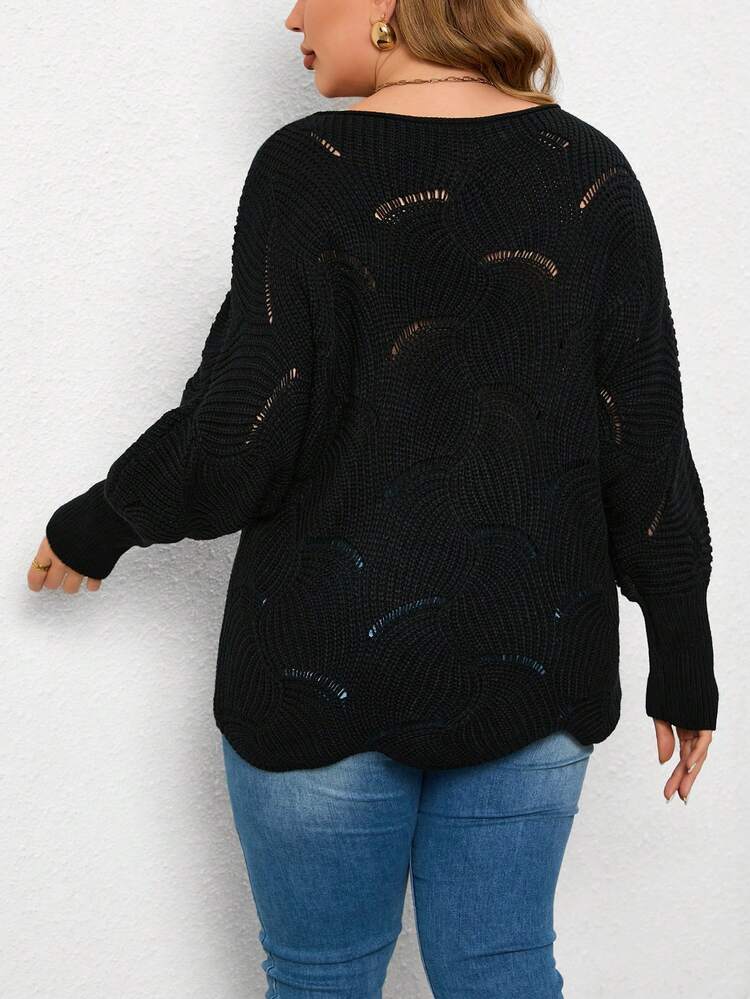 Plus Size Dotted Knit Batwing Sleeve Sweater Knit Pullover Fall Winter