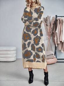 SHEIN LUNE Của phụ nữ Cổ cao In hoa Báo Đầm Áo len - Nhiều màu - Xem 5