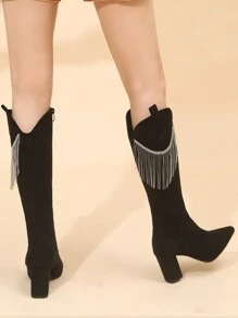 Fashionable Rhinestone Chain Thick Heel High Boots For Women - Black - View 4