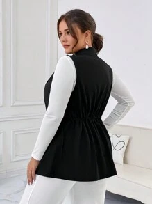 SHEIN Privé Plus Size Drawstring Waistcoat Vest, Business Casual Style - Black - View 2