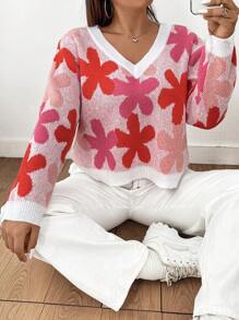 Flirla Pull oversize pour femmes à manches longues et épaules tombantes, motif floral, tricoté, pour l'automne et l'hiver - Rouge - Voir 5