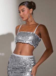 SHEIN BAE Top Corto Sin Mangas Con Tirantes Finos Y Purpurina - Plateado - Ver 5