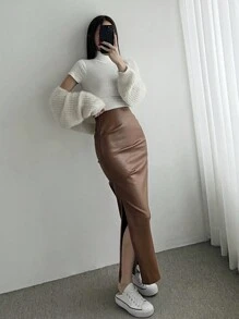 DAZY Women's Side Slit Pu Skirt,Pencil Skirt Fall,Winter Leather Skirt - Brown - View 6