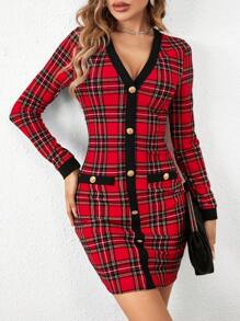 SHEIN Clasi 1pc Tartan Print Button Front Bodycon Dress - Multicolor - View 1