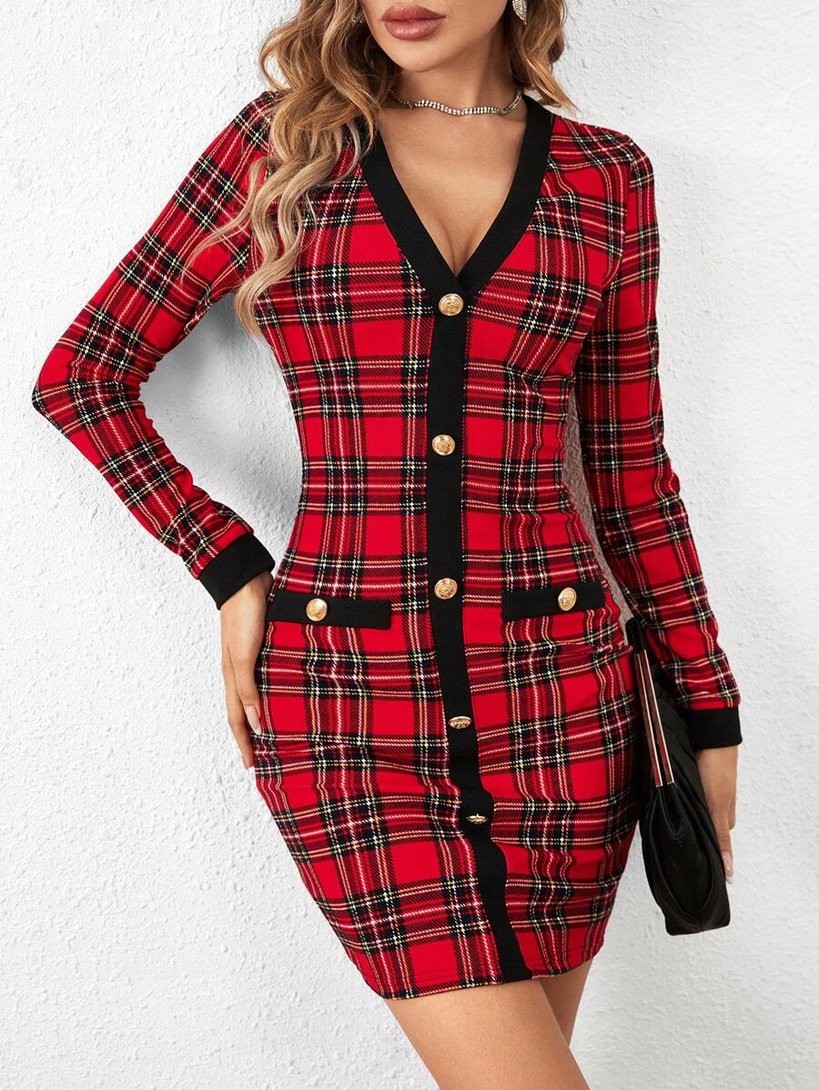 SHEIN Clasi 1pc Tartan Print Button Front Bodycon Dress - Multicolor - View 1