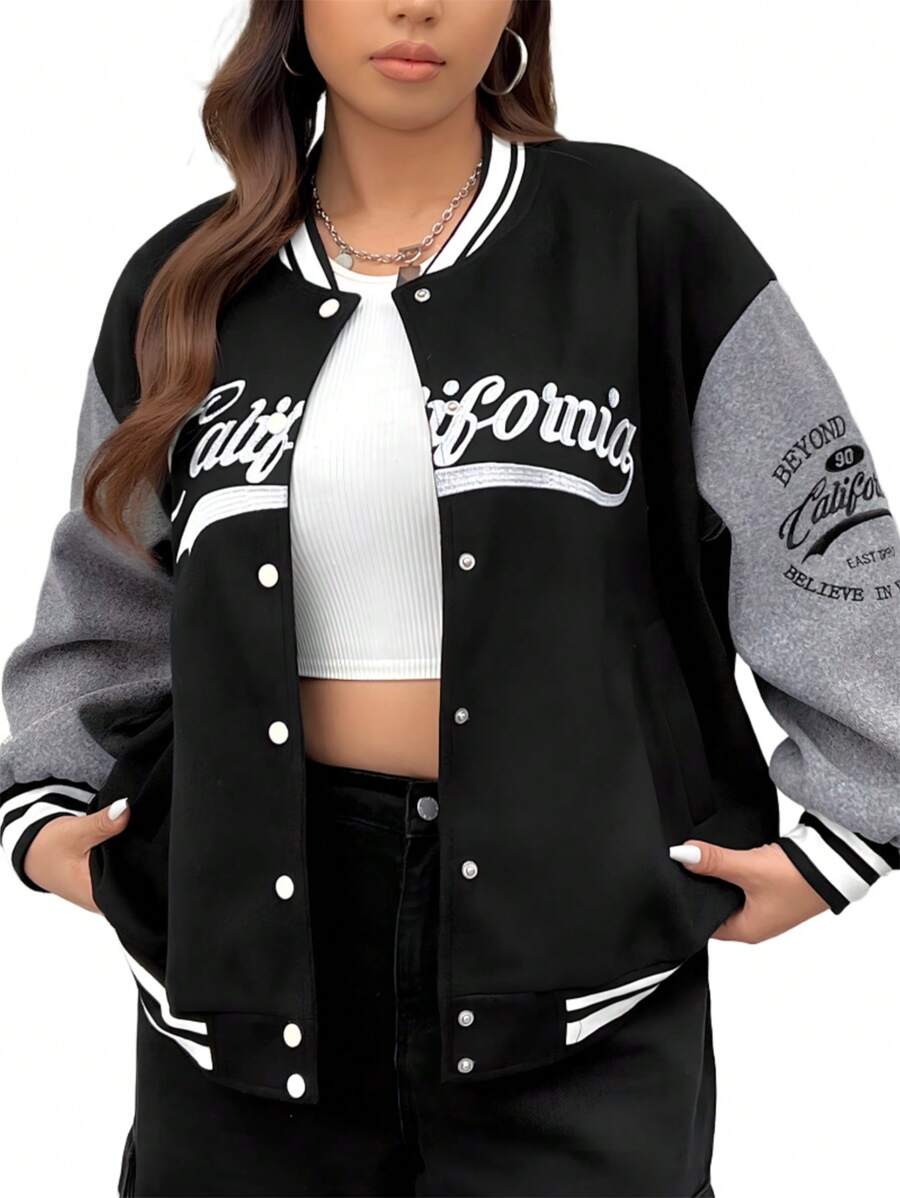 SHEIN EZwear Plus Letter Graphic Striped Trim Drop Shoulder Varsity Jacket - Multicolor - View 1