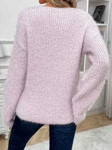SHEIN Clasi Suéter Peludo De Manga Larga Con Cuello En V - Rosa Pálido - Ver 2
