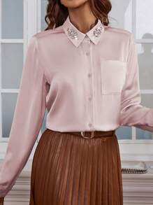 SHEIN Clasi Women's Diamond-studded Long Sleeve Shirt - Pink - View 1