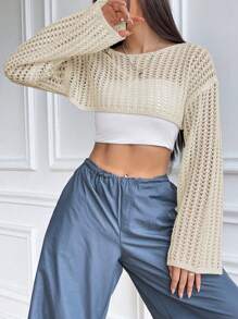SHEIN Unity Women's Solid Color Hollow Cropped Sweater,Long Sleeve Tops Knit Pullover Fall Winter Sweater - Apricot - View 3
