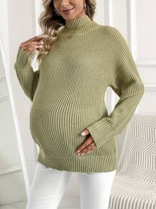 SHEIN Maternity Solid Color High Neck Rib Knit Sweater, For Winter - Green - View 1