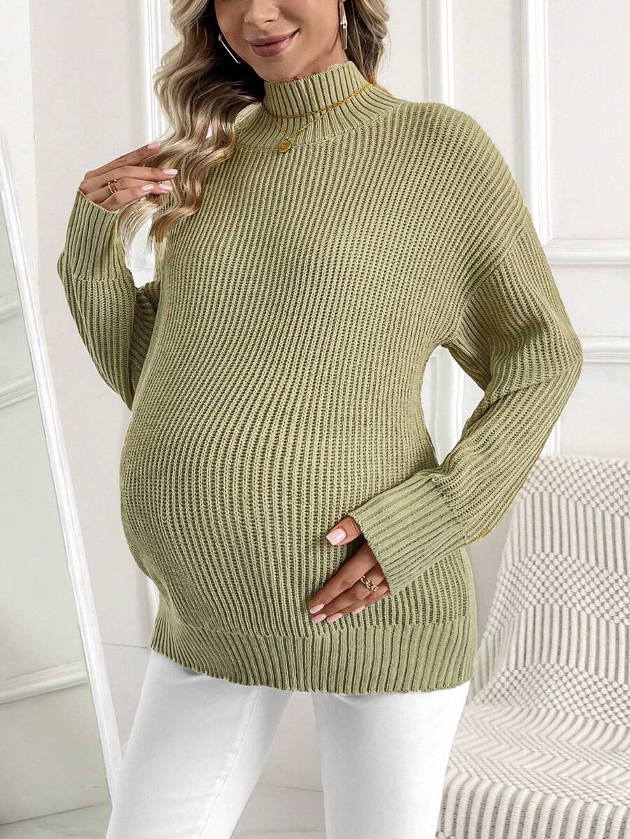 SHEIN Maternity Solid Color High Neck Rib Knit Sweater, For Winter - Green - View 1
