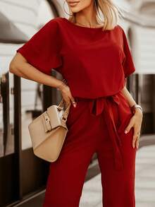 Solid Batwing Sleeve Belted Jumpsuit