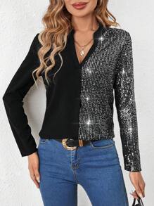 SHEIN Clasi Notched Neckline Contrast Sequin Blouse - Black - View 1