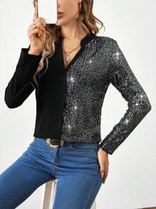 SHEIN Clasi Notched Neckline Contrast Sequin Blouse - Black - View 5