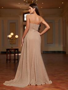 Faeriesty One-Shoulder Sleeveless Floor-Length Dress With Asymmetrical Ruched Sash & Dramatic Thigh-High Slit – Red Carpet Gowns For Galas & Events - Champagne - View 3