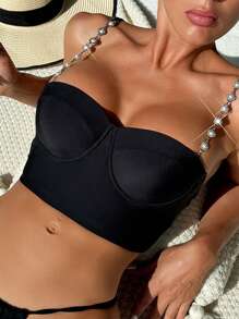 十字帶背部鋼圈比基尼上衣 - 黑色 - 查看 1