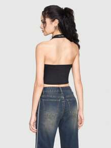 ROMWE Grunge Punk 女士性感緊身街頭戶外風格字母印花露背背心 - 黑色 - 查看 6