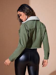 SHEIN BAE Women's Pearl & Rivet Decorated Denim Jacket With Collar And Cropped Hem - Green - View 2