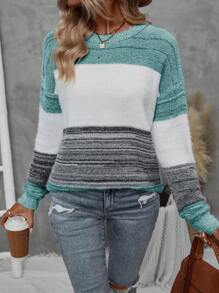 EMERY ROSE Suéter de manga larga con bloque de color para mujer, blusas de manga larga