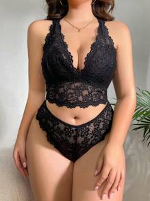 Plus Size Women's Lace Underwear Set With Faux Pearl Decorations, Bra & Panty Set, Lingerie
