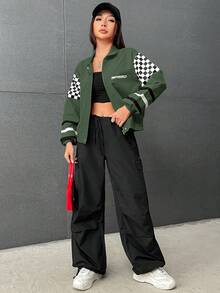 SHEIN EZwear 女士格紋凸起翻領摩托夾克 - 軍綠色 - 查看 3