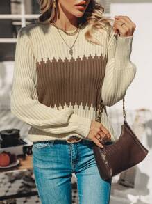 SHEIN LUNE 撞色灯笼袖针织套头衫秋冬毛衣 - 杏色 - 查看 4