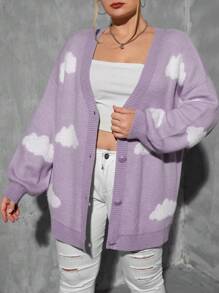 SHEIN Essnce Plus Size Lovely Jacquard Cardigan - Purple - View 1
