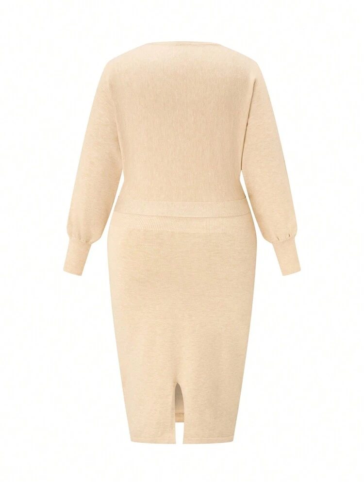 Plus Size Round Neck Belted Sweater Dress Fall Cloth For Women