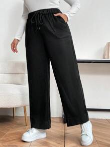 SHEIN Franclia Quần dài giữ nhiệt dáng rộng ống đứng màu trơn có túi buộc eo cỡ lớn cho nữ, mùa thu/đông - màu đen - Xem 5